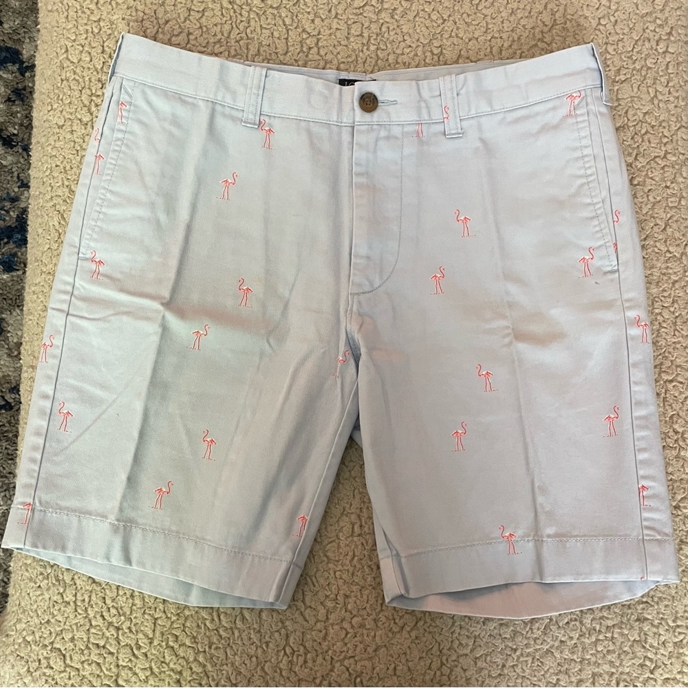 J Crew Gramercy Men's Light Blue Flamingo Embroidered Shorts